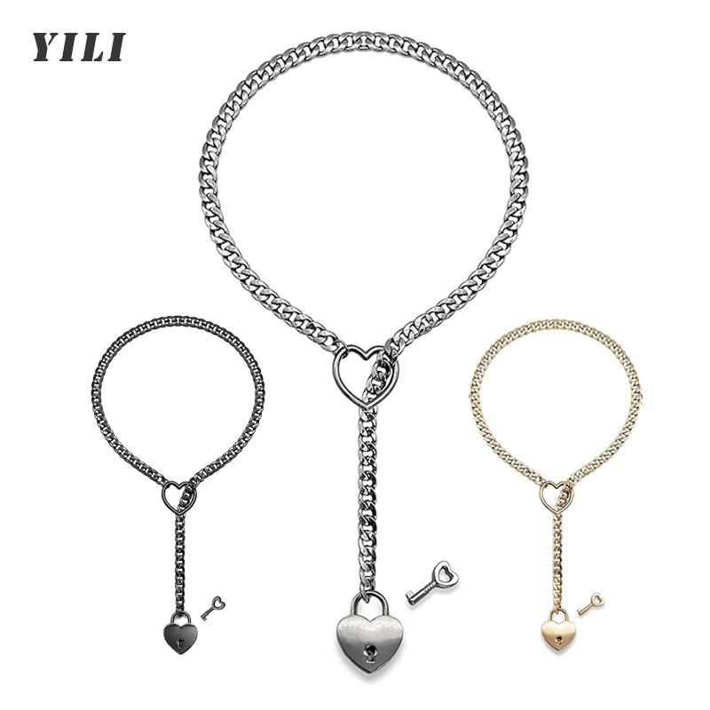 Chain Lock Combination - スリップチェーンハート O リングネックレスパンクロックキューバロングネックレスジュエリー女性用ラリアット Y ネックレスハートロッカーキー付き